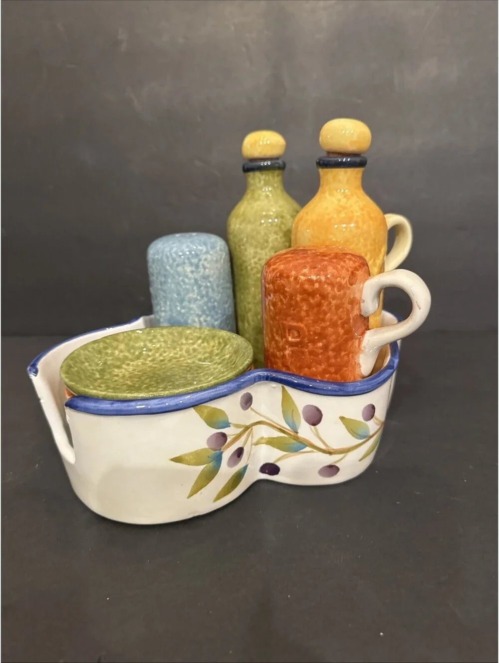 Casa Elite Provincial Olives Cruet Set Salt Pepper Oil Vinegar W Dipping Dishes